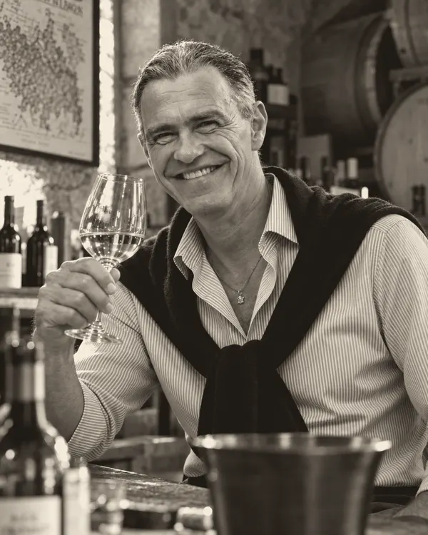 Alain Peroni, un verre de vin à la main dans une cave